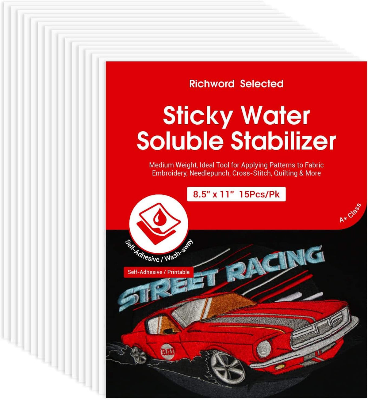 Poolin - Richword Printable 15PCS Sticky Water-Soluble Embroidery Stabilizer Sheets 8.5" x 11" Wash Away Embroidery Paper