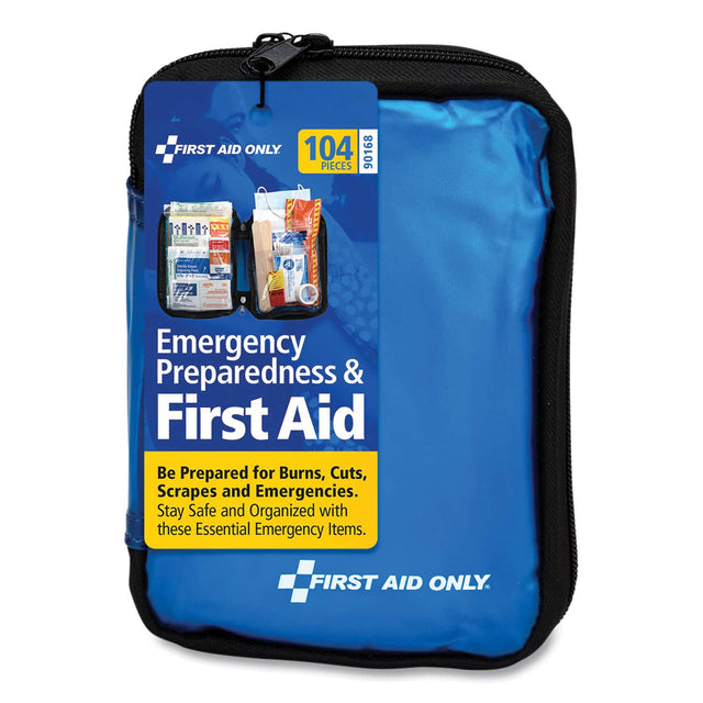 FIRST AID ONLY  
104 PIECES  
90168  

Emergency Preparedness & First Aid  
Be Prepared for Burns, Cuts, Scrapes and Emergencies.  
Stay Safe and Organized with these Essential Emergency Items.  
FIRST AID ONLY