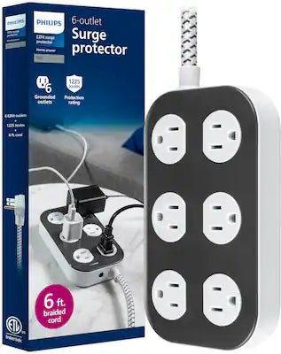 Philips - Surge Protector Power Strip, 6 Outlet Extender, 1225 Joules, 6 Ft Braided Extension Cord