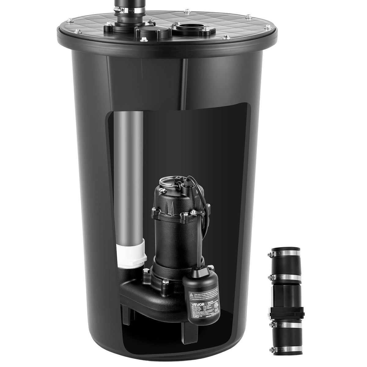 VEVOR - Sewage Pump System, 1/2 HP, 4800 GPH Cast Iron Sewage Pump with Basin Kit, 120 Volt, Automatic On/Off Outdoor Water - Black