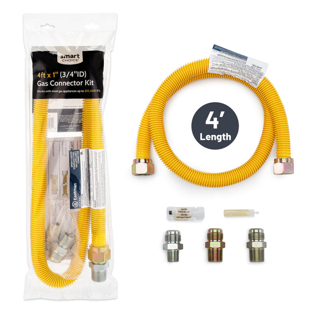smart CHOICE 4ft X 1" (3/4"ID) Gas Connector Kit Works with most gas appliances up to 215,000 BTLK

- -
- -
&

thread Goalant

mus) groil depos: - SERVE - - + - ..   - - - - - - APPRECO 100 KIT installas ny & wa 4515 chector IDS COATED el EPOXY CONNECT Eastman

4' Length GASPPE RED

ORDER X no QTY
