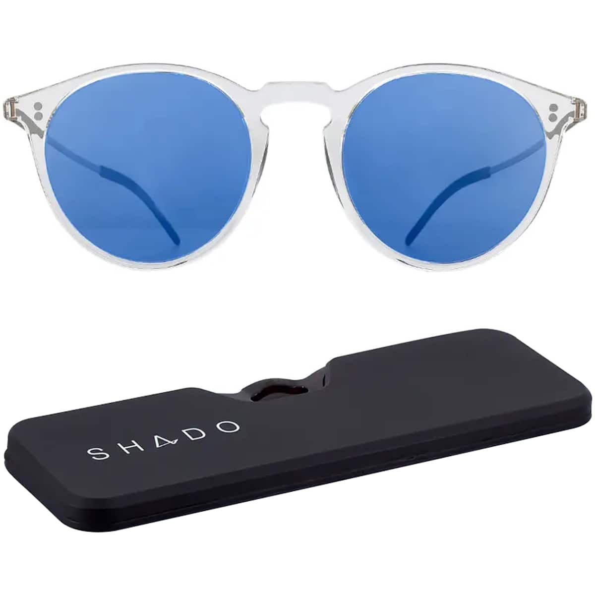 ThinOptics - Los Altos Round Sunglasses with Case - Shiny Crystal/Blue Flash Mirror