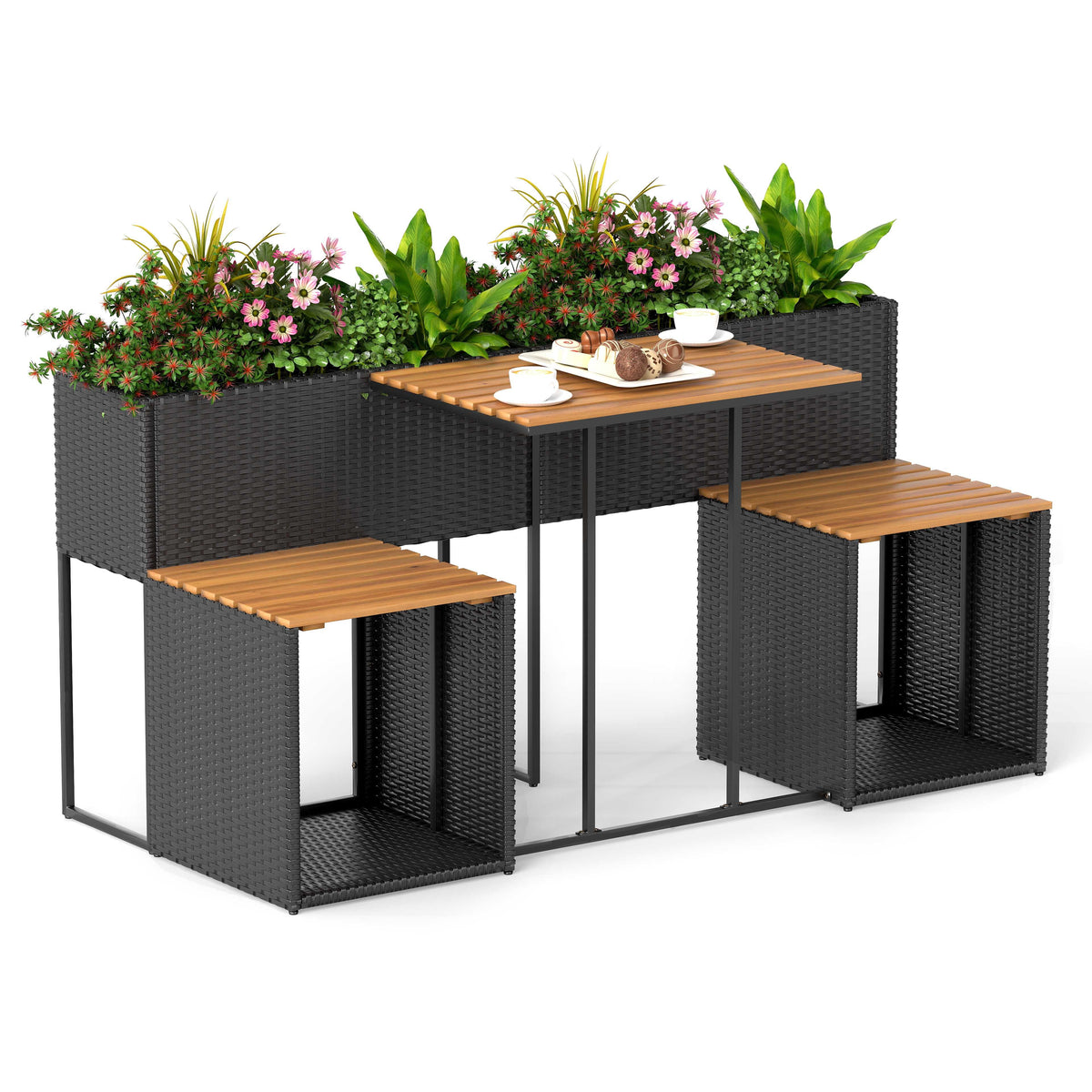 Gymax - Outdoor Convertible Bench 2-in-1 Transforming Picnic Table & Chairs Set w/ Storage - Black, Natural