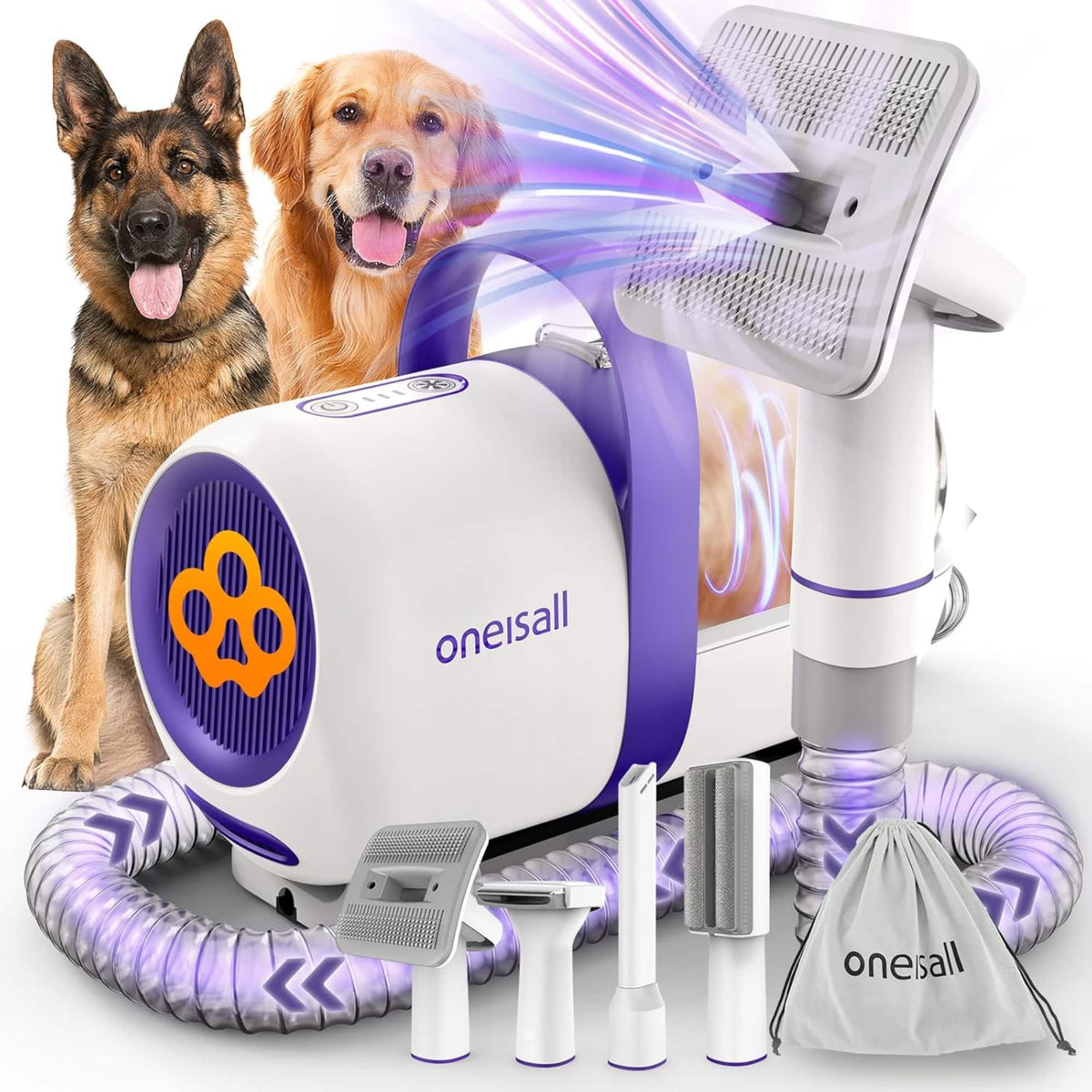 Oneisall - 4 in 1 Pet Grooming Vacuum Kit,with Pet Deshedder,Fur Cleaning Brush & Nozzle, 12000Pa Adjustable High Suction