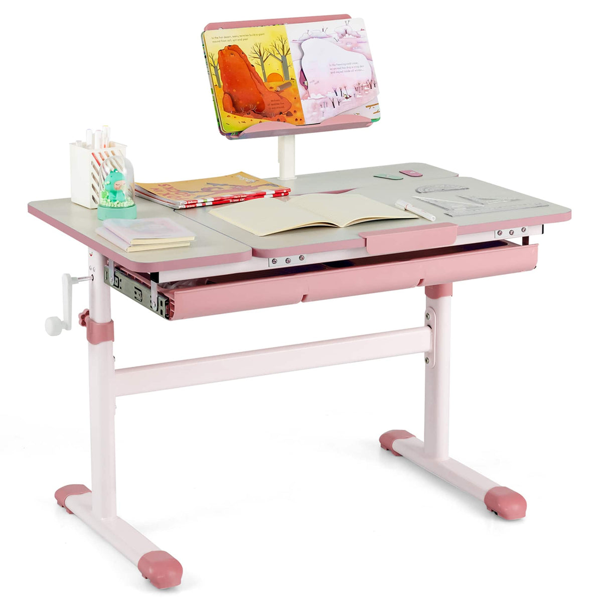 Costway - Height-Adjustable Kids Desk Children Study Table with Tilt Desktop & Book Stand - Pink