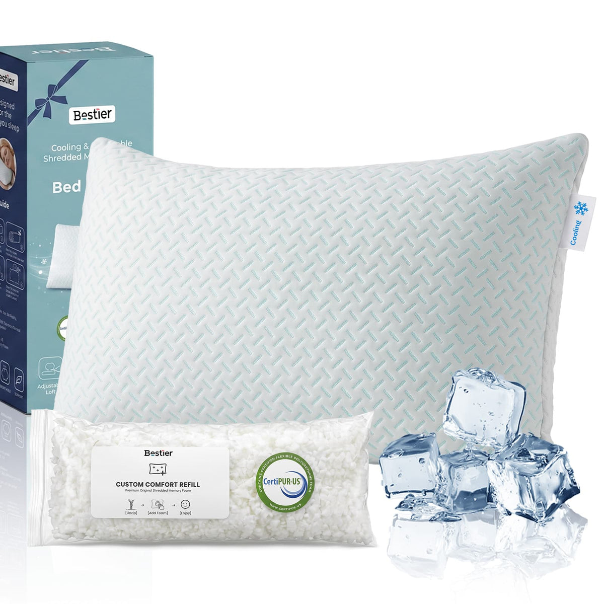 Bestier - Adjustable Memory Foam Pillows, Dual-Sided Cooling & Bamboo Cover, All Sleeper Neck Support - White