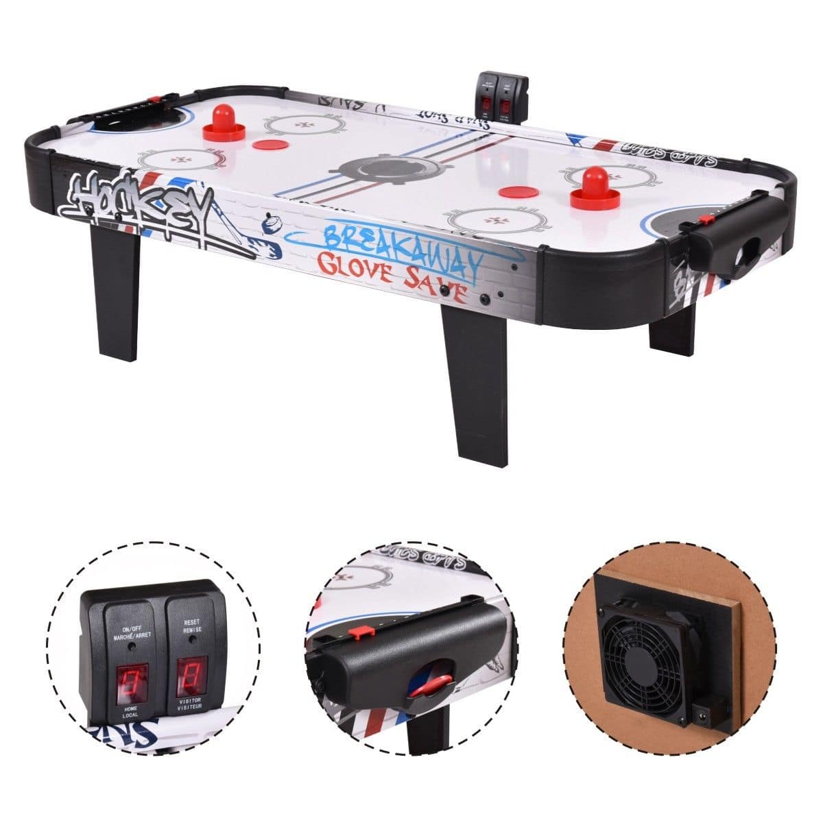 Costway - 42''Air Powered Hockey Table Game Room Indoor Sport Electronic Scoring 2 Pushers - Black+White