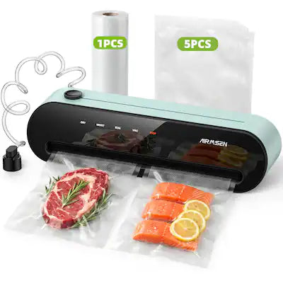 AIRMSEN - 5-In-1 Vacuum Sealer & Food Sealer, Ext. Port, Cutter, Pulse Vac, Manual Stop, 1 Roll + 5 Bags