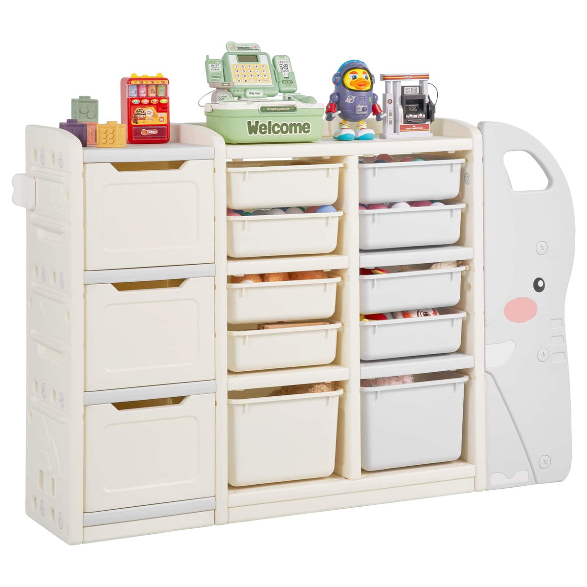VEVOR - Kids Toy Storage, 4-Tier Elephant-Shape Toy Storage Organizer with 10 Plastic Movable Bins, Kids Cubby Cabinet Made - White,Grey