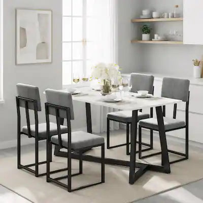 paproos - 5 Piece Dining Set, 47.24'' Faux Marble Dining Table Set for 4, Dining Room Set with Upholstered Chairs for Apartments