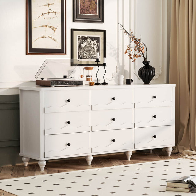 Front. Aheaplus - 9-Drawer Wooden Dresser: Versatile Chest of Drawers for Bedroom, Living Room and Hallway Storage,Ships in 2 Packages - White.