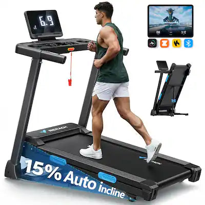 MERACH - Folding Treadmill with 15% Auto Incline, 7-Layer Belt, 300 LBS Capacity, 0.5-7.5MPH Quiet, Smart APP