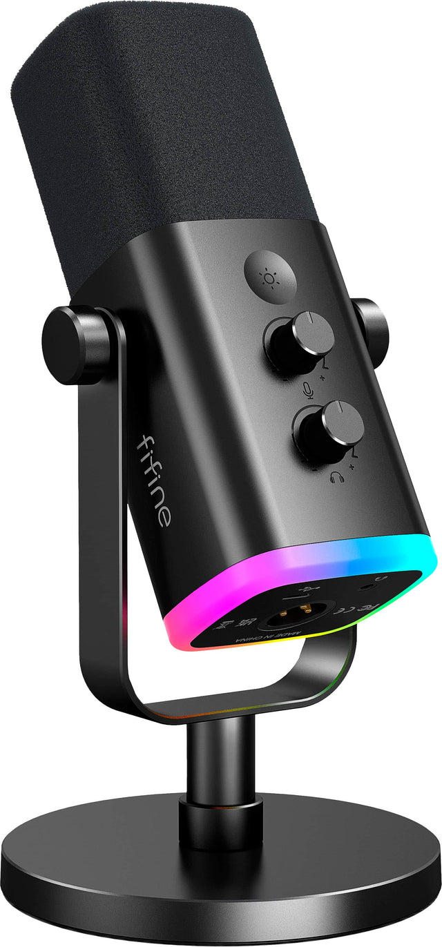 Front. FIFINE - XLR/USB Wired Cardioid Dynamic Microphone with RGB Lighting - Black.