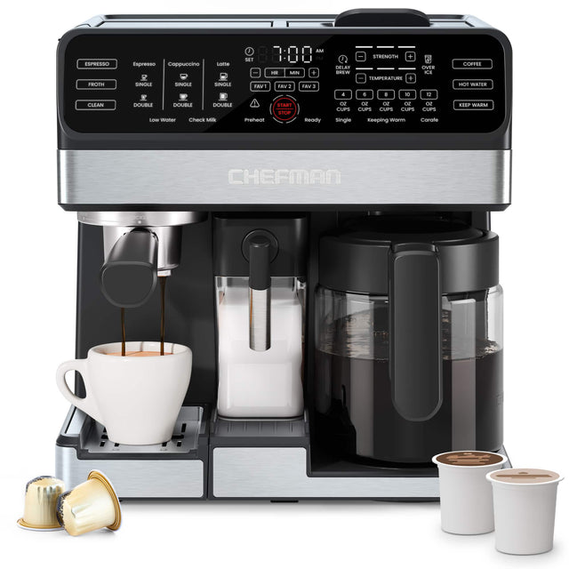 ESPRESSO  
FROTH  
CLEAN  

Espresso  
Cappuccino  
Latte  

SINGLE  
DOUBLE  
DOUBLE  
Check Milk  
Preheat  

STRENGTH  
TEMPERATURE  

DELAY BREW  
FAV 1  
FAV 2  
FAV 3  

COFFEE  
HOT WATER  
KEEP WARM  

4 CUPS  
8 CUPS  
10 CUPS  
12 CUPS  
Single  
Keeping Warm  
Carafe  

OVER ICE  

START  
STOP  

Ready  
Single  
Keeping Warm  

CHEFMAN