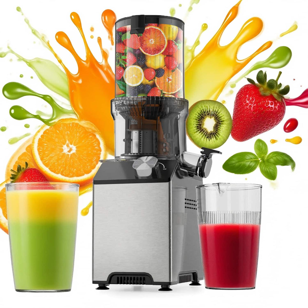 WHALL - Cold Press Juicer Machines with 4.2" Extra Large Feed Chute, Reverse Function - Silver
