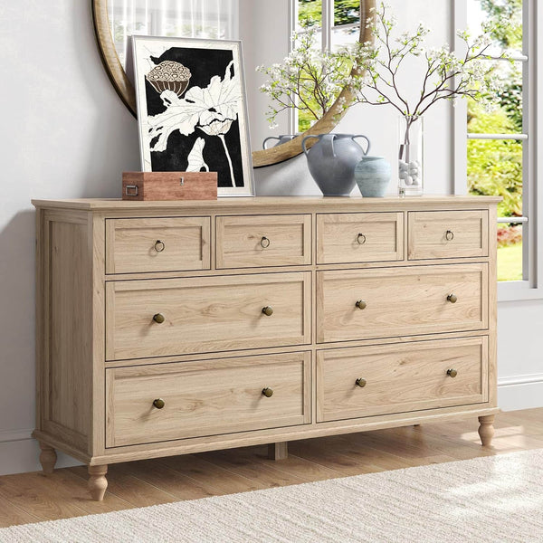 Espafurni - 65-Inch Long Dresser with 8 Deep Drawers – Wooden Chest for Living Room/Bedroom - Oak