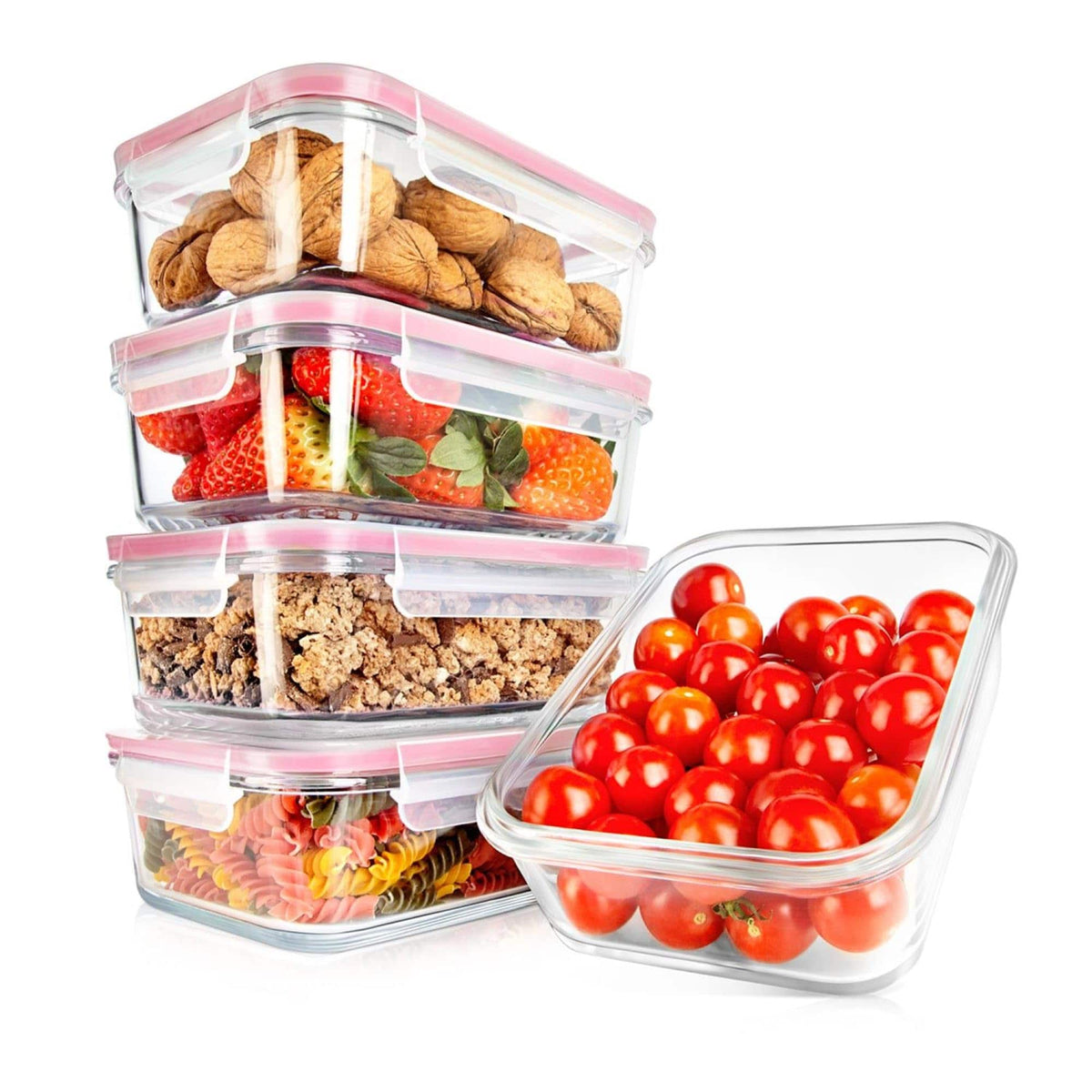 NutriChef - 10-Piece Glass Food Storage Containers, Stackable with Leakproof Locking Lids, Red (NCCLX5R9)