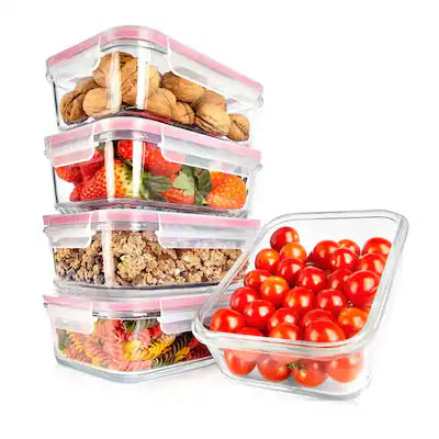 NutriChef - 10-Piece Glass Food Storage Containers, Stackable with Leakproof Locking Lids, Red (NCCLX5R9)