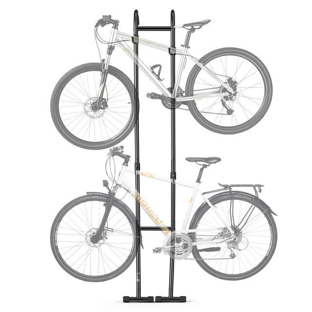 Front. VEVOR - Bike Stand for 2 Bikes, Freestanding Vertical Bike Storage Rack, with Height-Adjustable Hooks, Heavy-Duty Carbon Steel - Black.