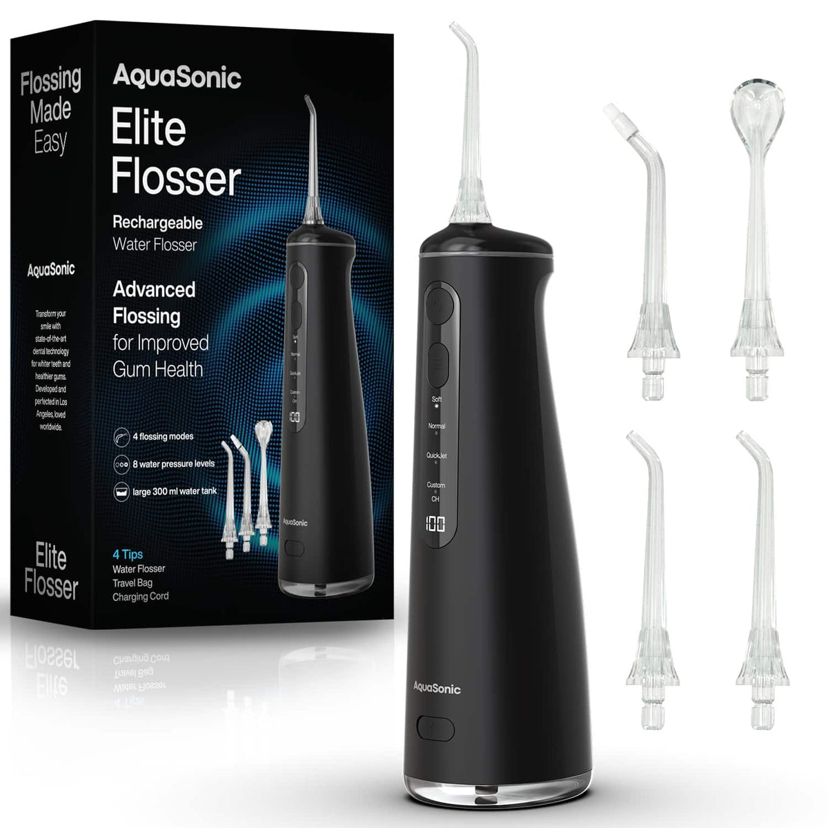 AquaSonic - Elite Flosser - Rechargeable Water Flosser with 4 Tips - Oral Irrigator with 4 Modes - Portable & Cordless - Black