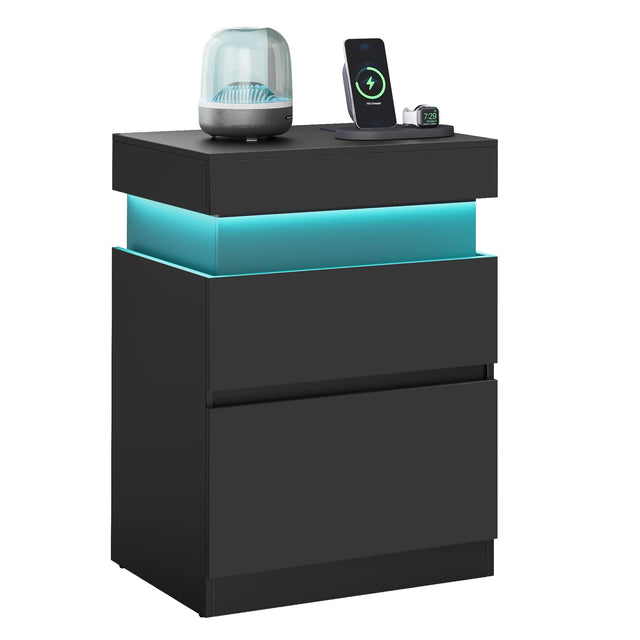 Front. Songmics Home - Nightstand with Power Outlets, Sliding Lid, Modern Bedside Table with LED Lights, End Table, 2 Drawers - Ink Black.