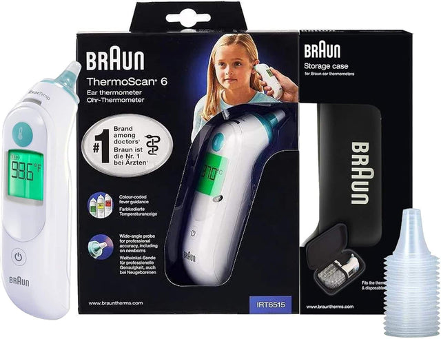 Braun ThermoScan 6 Ear Thermometer Ohr-Thermometer Braun Storage case for Braun ear thermometers TD 986 F Braun Brand among doctors' # 1 Braun ist die Nr. 1 bei Arzten Colour-coded fever guidance Farbkodierte Temperaturanzeige Wide-angle probe for professional accuracy, including on newborns Weitwinkel-Sonde für professionelle Genauigkeit, auch bei Neugeborenen Fits the therm & disposable www.brauntherms.com IRT6515