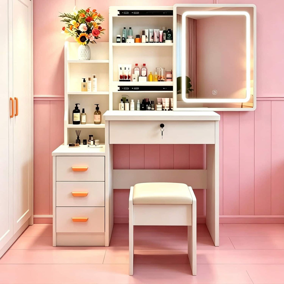 Bestier - Vanity Set with Mirror and Lights, Bedroom Makeup Table with Storage, Vanity Desk Dressing Table with Lighting & Stool - White