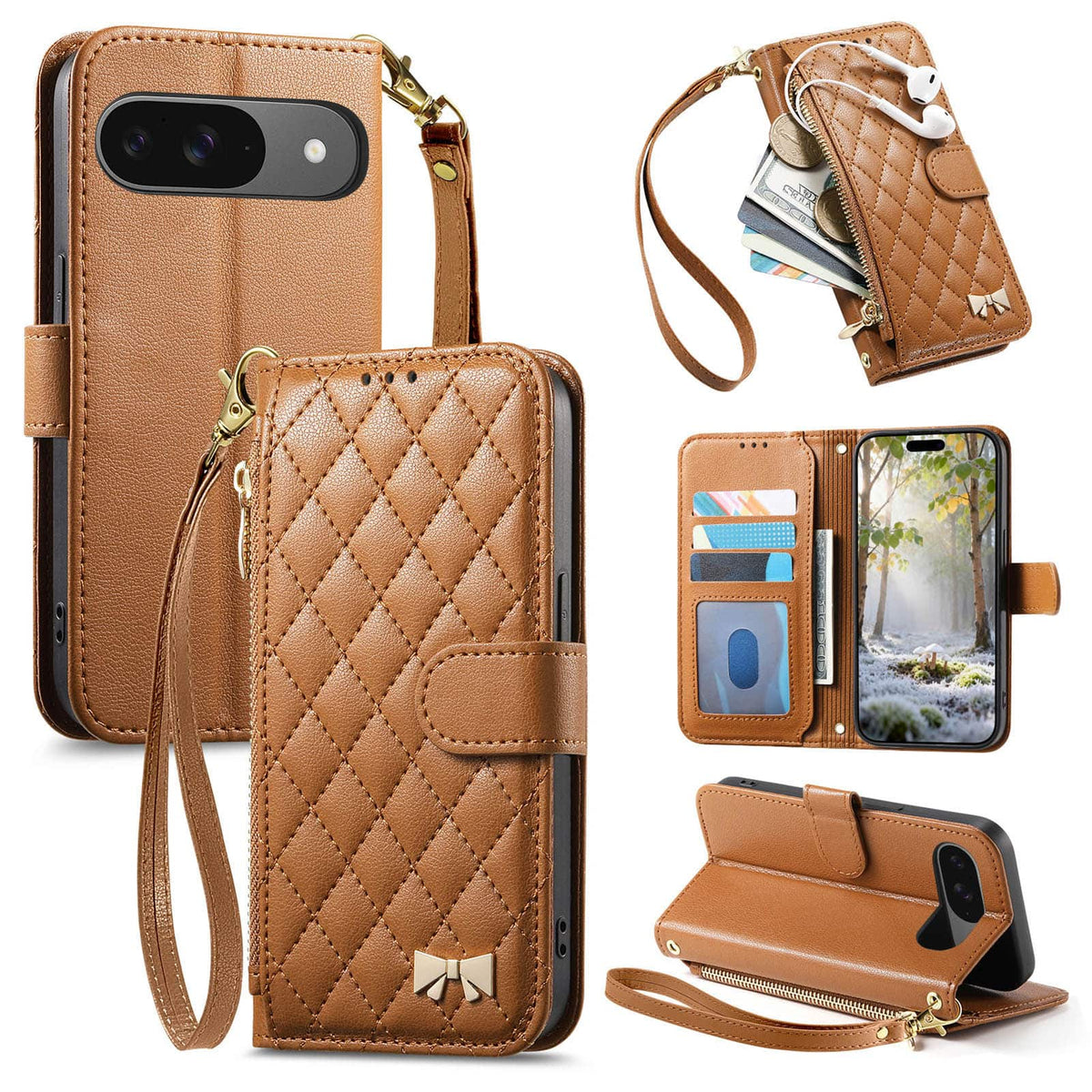Dteck - Zipper Wallet Case for Google Pixel 10 /10 Pro,PU Leather Flip Cover with Wrist Strap,Magnetic Snap Shockproof Case - Brown