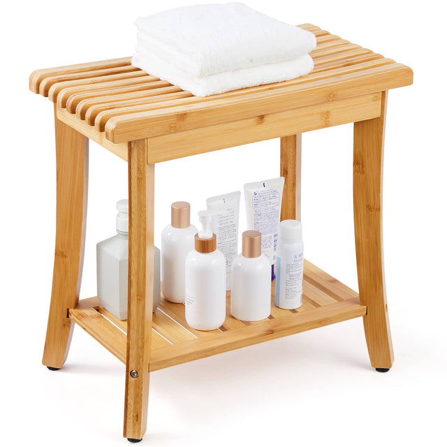 Front. VEVOR - Bamboo Shower Bench, 19.1 x 11.3 x 18.3 in, Waterproof Shower Stool Chair with Storage Shelf, 330lbs Load Capacity - Bamboo.
