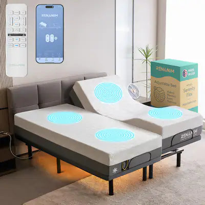 Renanim - SF Split King Adjustable Bed with Mattress - 14" Cooling Gel Hybrid Mattress, Massage, Zero Gravity Electric Bed