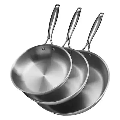 VEVOR - Tri-Ply Stainless Steel Frying Pan Set, 3 Sizes (8, 10, 12 in), Skillet with Heat-Resistant Handle, Versatile Cookware