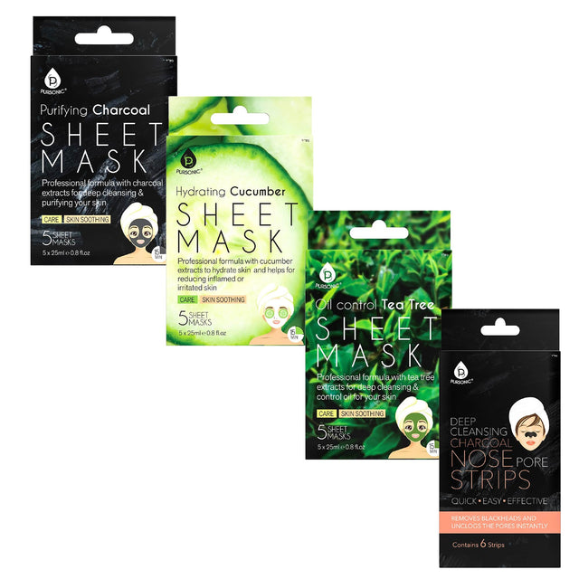 PURSONIC Purifying Charcoal SHEET MASK  
Professional formula with charcoal extracts for deep cleansing & purifying your skin  
CARE SKIN SOOTHING  
5 SHEET MASKS 5 x 25ml 0.8 fl oz  

PURSONIC Hydrating Cucumber SHEET MASK  
Professional formula with cucumber extracts to hydrate skin and helps for reducing inflamed or irritated skin  
CARE SKIN SOOTHING  
5 SHEET MASKS 5 x 25ml 0.8 fl oz  

PURSONIC Oil control Tea Tree SHEET MASK  
Professional formula with tea tree extracts for deep cleansing & control o