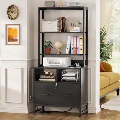 Aheaplus - Vertical File Cabinet with Charging Station, Lock & Large Drawer - Printer Stand, Shelves for Letter/A4/Legal