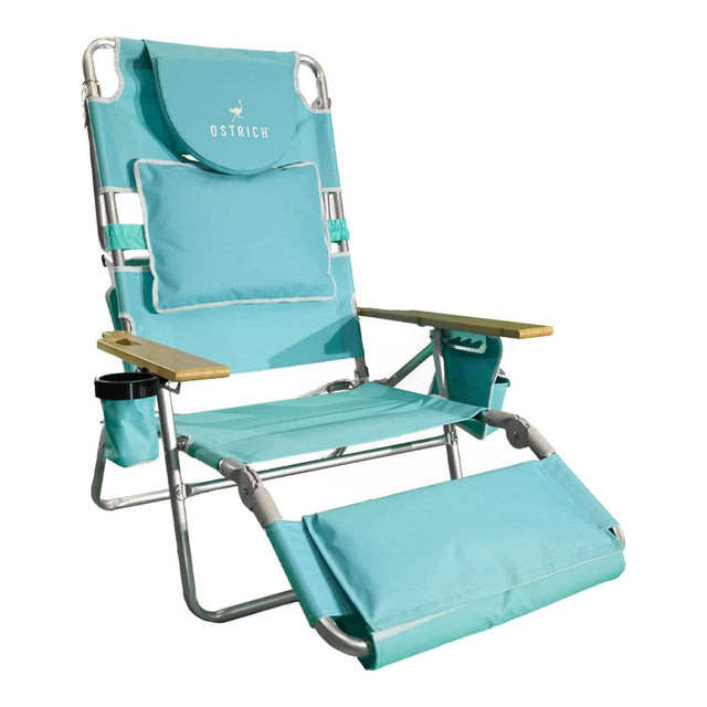 Front. Ostrich - Ostrich The Deluxe 3N1 Lightweight Outdoor Beach Lounge Chair w/ Footrest, Aqua - Blue, White Striped.