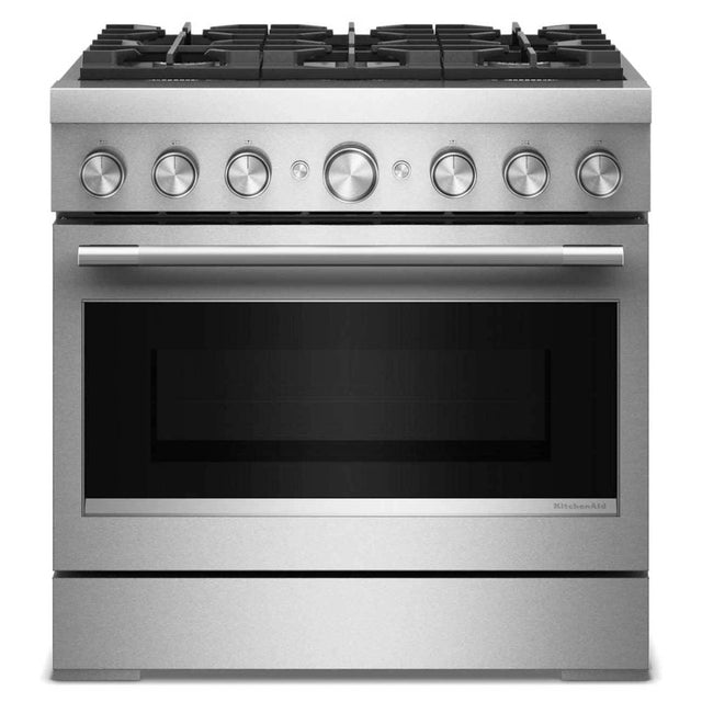 Front. KitchenAid - 36 inch Wide 6 burner Commercial-Style 5.1 cu. ft. Freestanding Dual Fuel Range with No Preheat Air Fry Mode - Stainless Steel.