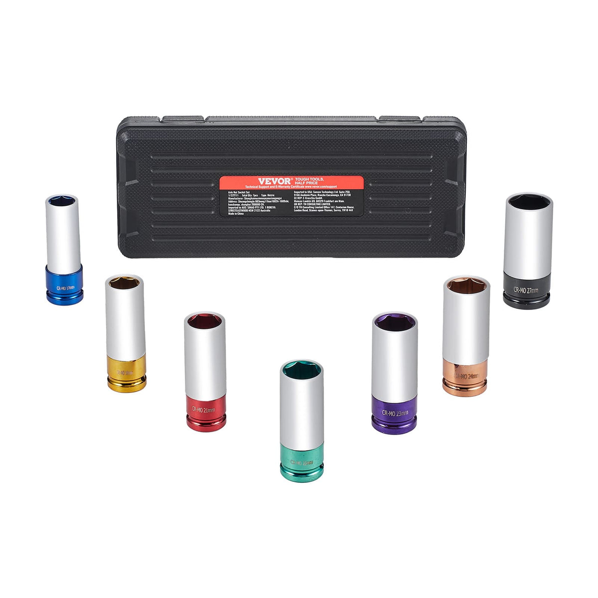 VEVOR - Lug Nut Impact Socket Set, 1/2 inch Drive Metric 6-Point Deep Socket Set, 7 Total Lug Nut Sizes 17/19/21/22/23/24/27mm - Black