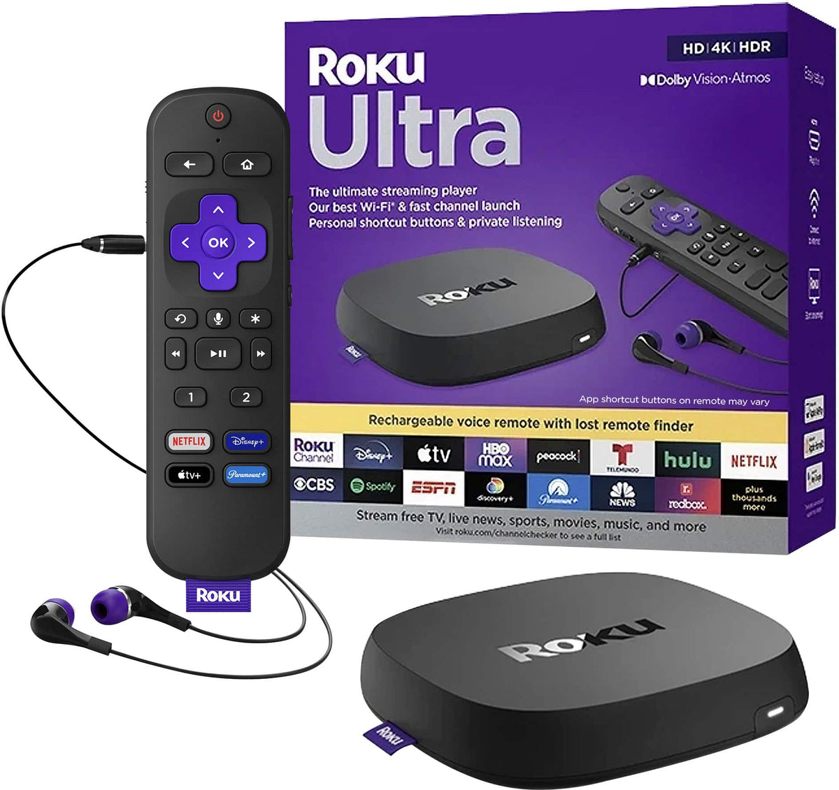 Roku - Ultra | 4K/HDR/Dolby Vision Streaming Device and Voice Remote Pro with Rechargeable Battery - Black