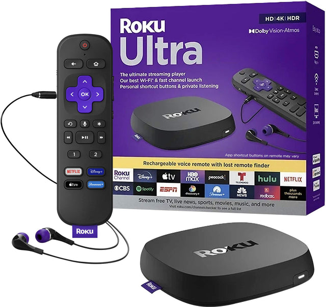 OK Roku Ultra The ultimate streaming player Our best Wi-Fi* & fast channel launch Personal shortcut buttons & private listening Roku * HD14KIHDR HD 4K HDR Dolby DolbyVision-Atmos 5  I F  +I1 4 1 NETFLIX Iv+ 2 Disney+ Pioamoence App shortcut buttons on remote may vary Rechargeable voice remote with lost remote finder Roku HBO Channel Disney+ tv max peacock T hulu NETFLIX FELEMNDO CBS Spotify ESPN . plus discovery+ Pammats thousands NEWS redbax more Stream free TV, live news, sports, movies, music, and more V