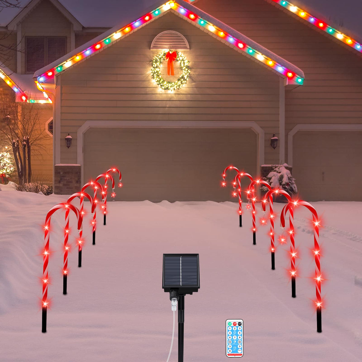 Oumilen - 10 Pack Christmas Solar Candy Cane Stake Lights with Remote – 8 Modes Red LED Path Markers for Yard