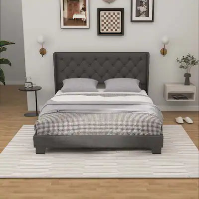 Costway - Queen Size Upholstered Platform Bed Tufted Headboard Mattress Foundation