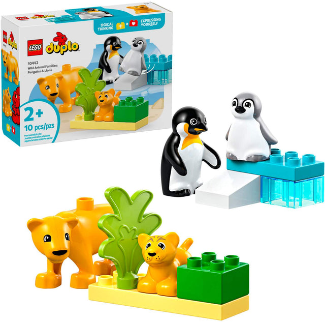 The text on the image reads: "E Oplo d LEGO duplo 10442 Animol Families: Wild & Lions Penguins @GICAL THINKING + EXPRESSING YOURSELF  2+ + 10 pcs/pzs PoeoSddrpie i Aekmcs ko pestae A . - - Apee - CopurCIOAR". This text is a combination of different phrases and sentences, but it is not coherent or grammatically correct. It seems to be a mix of product information, marketing phrases, and possibly some foreign language.