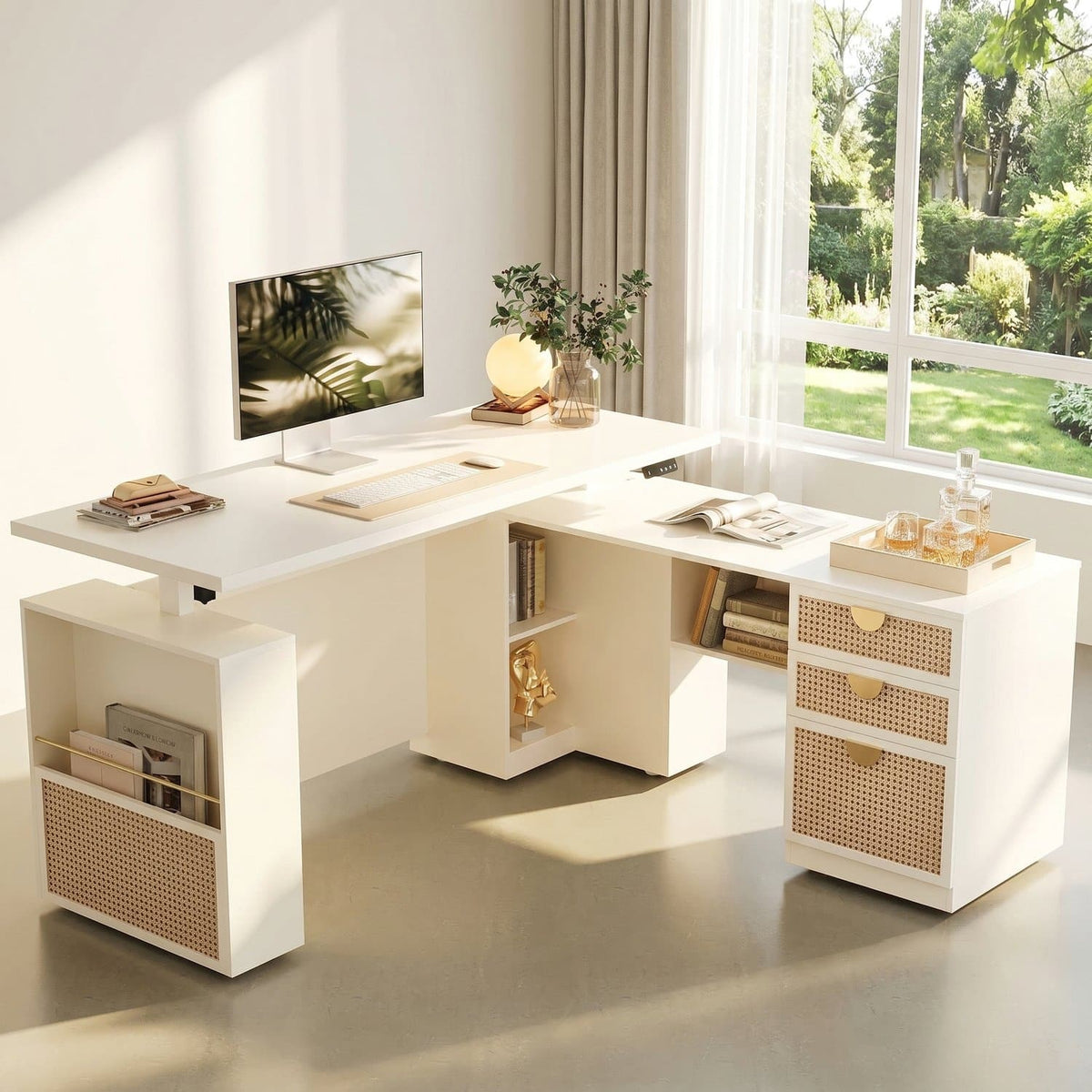 ModernMate - 63" Executive L Shaped Height Adjustable Desk File Cabinet, Privacy Panel, AC/USB - White Rattan