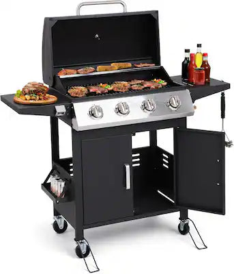 HUGROVE - 4 Burner Propane Gas BBQ Grill, 40,000 BTU Stainless Steel Outdoor Grill with Wheels, Foldable Side Tables & Spice Rack