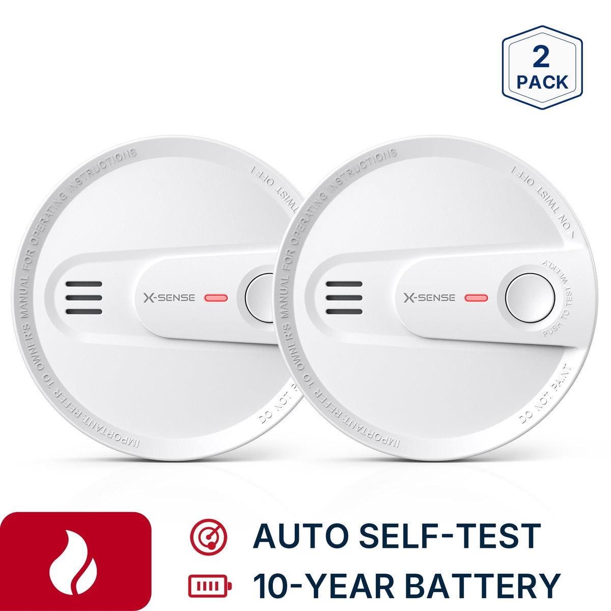 X-SENSE - 10-Year Battery Smoke Detectors with Photoelectric Sensor and LED Warning Light 2 Pack - White