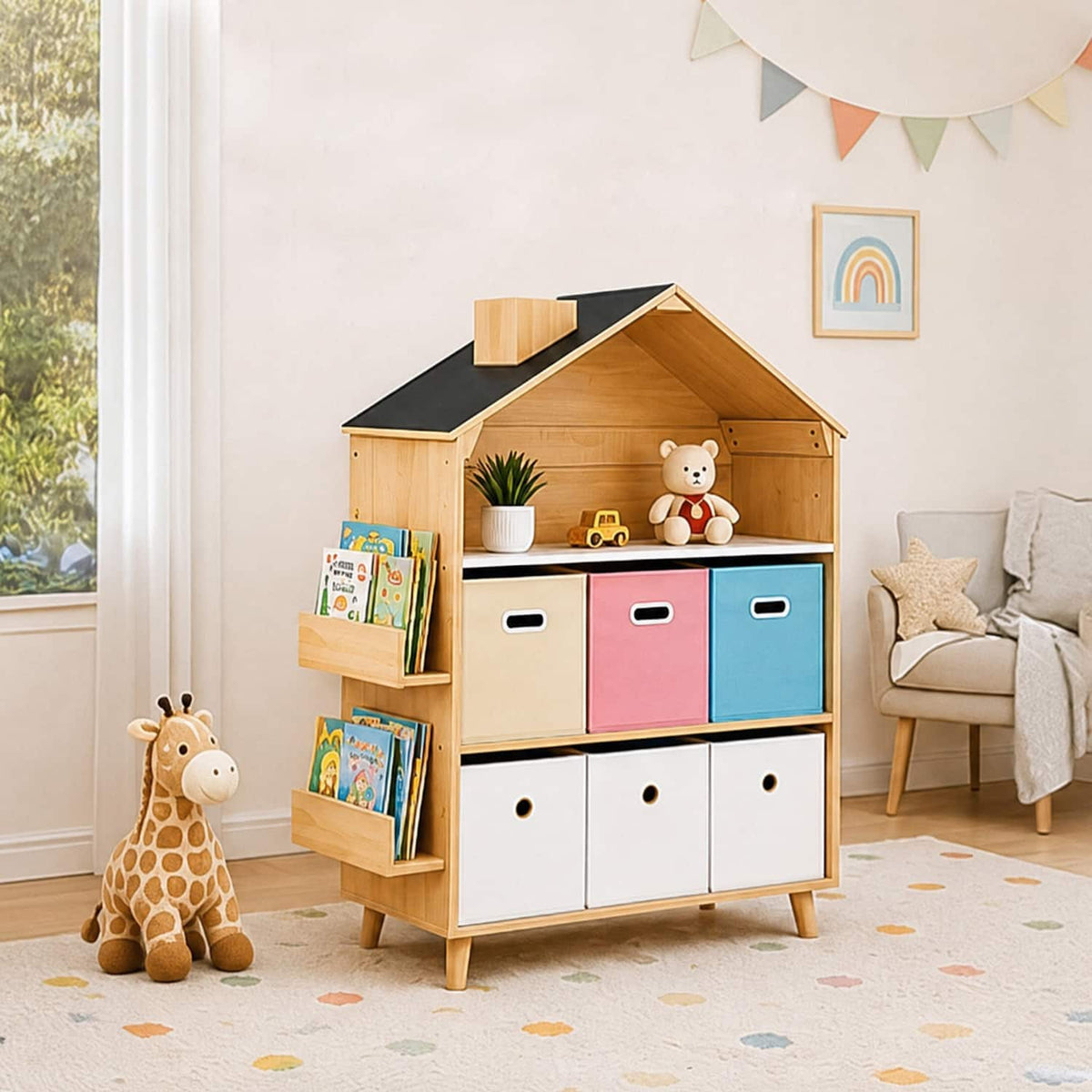 Malletson - House-Style Kids Toy Storage Organizer - Multi-Functional Bookcase and Cabinet with Bins for Playroom - Multicolor