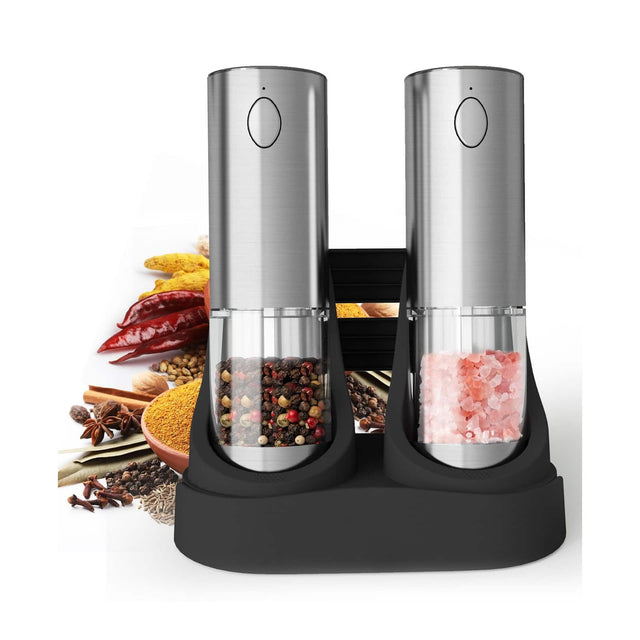 Front. Sugift - Rechargeable Electric Salt And Pepper Grinder Set 95-ml Stainless Steel Mills With LED Light Charging Base - Silver.