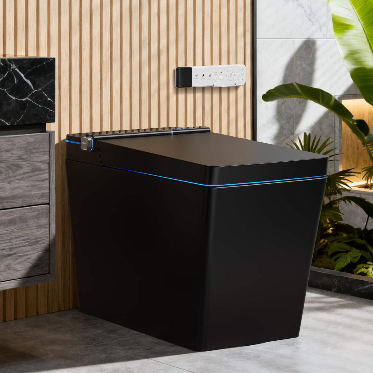 Koligey - Square Smart Toilet With Advance Bidet Wash, Auto Open Lid, 1.28 GPF Auto Flush - Black