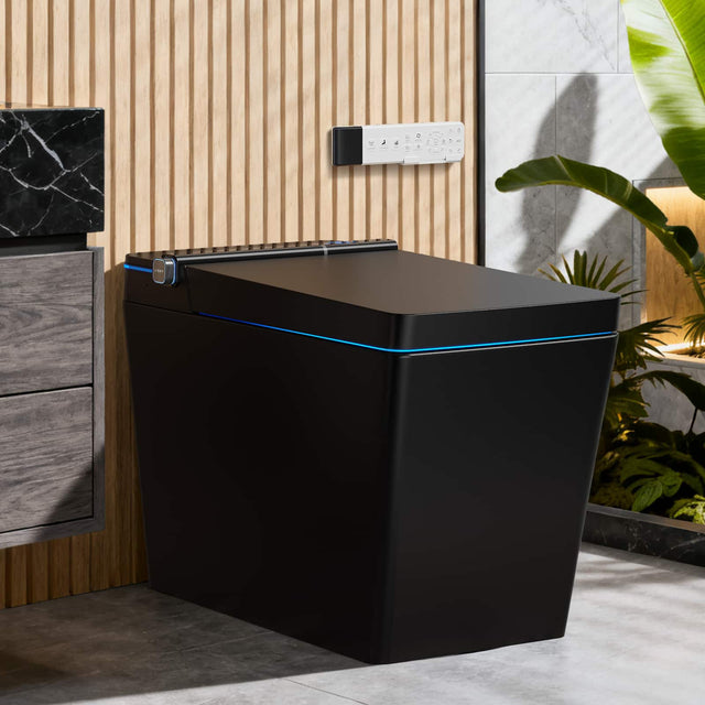 Front. Koligey - Square Smart Toilet With Advance Bidet Wash, Auto Open Lid, 1.28 GPF Auto Flush - Black.