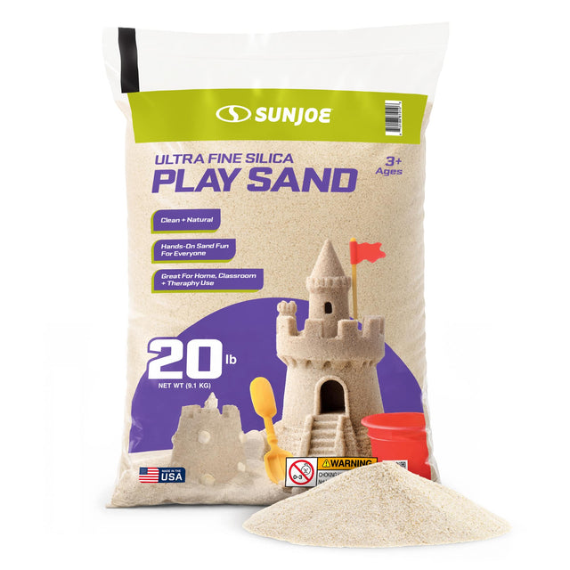 SUNJOE  
ULTRA FINE SILICA 3+ Ages PLAY SAND  
Clean + Natural  
Hands-On Sand Fun For Everyone  
Great For Home, Classroom Therapy Use  
20 lb NET WT 9.1 KG  
MADE IN THE USA  
WARNING: CHOKING HAZARD - Small parts. Not for children under 3 years.