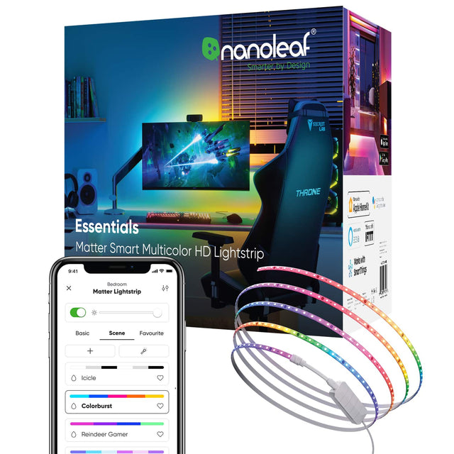 nanoleaf Essentials Matter Smart Multicolor HD Lightstrip 9:41 I Bedroom x o9 Matter Lightstrip THRONE tun 2 Agpterinelt ich fed en 2 V lo d  Stertfig -8 Basic Scene Favourite + Icicle Colorburst Reindeer Gamer